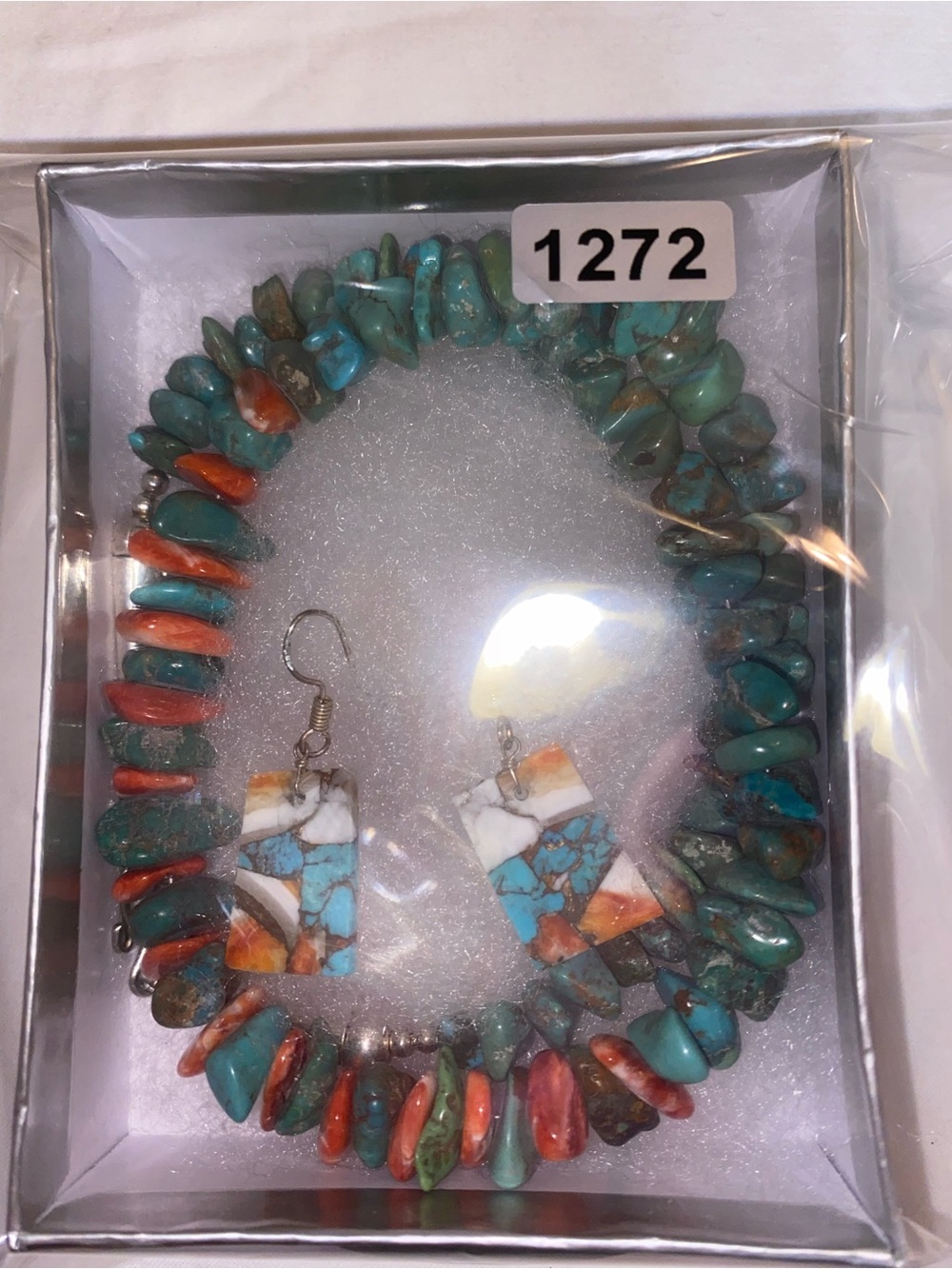 Turquoise and Coral Stone Bead Necklace with Matching Earrings - Picture 7 of 7